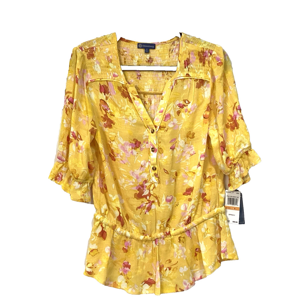 Democracy Yellow Floral Blouse Size S Puff Sleeves Feminine Spring Relax NWT